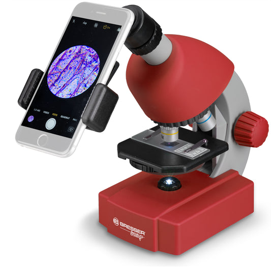 Microscope Bresser Junior 40x-640x Red with follow-up kit and adapter for smartphone (8851300E8G000)