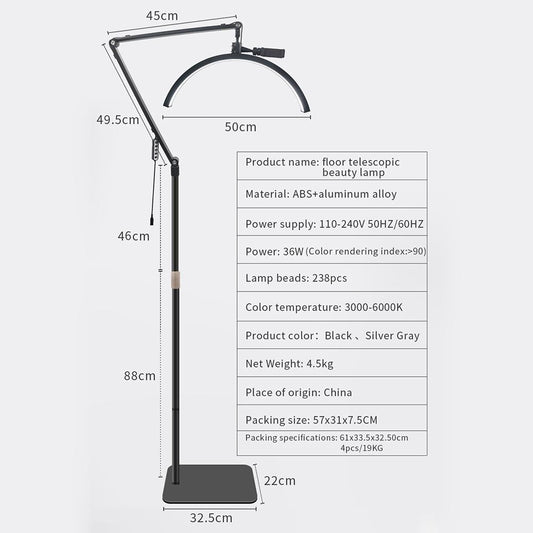 Shadowless LED crescent moon lamp HD-M40X 36W White color 3200-5600K 50cm light:238 145-187cm Alloy lamp head+metal support