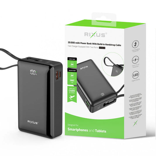 Power Bank 20000 mAh | 22.5W —Rixus RXPB02B With USB-C Cable Built-in
