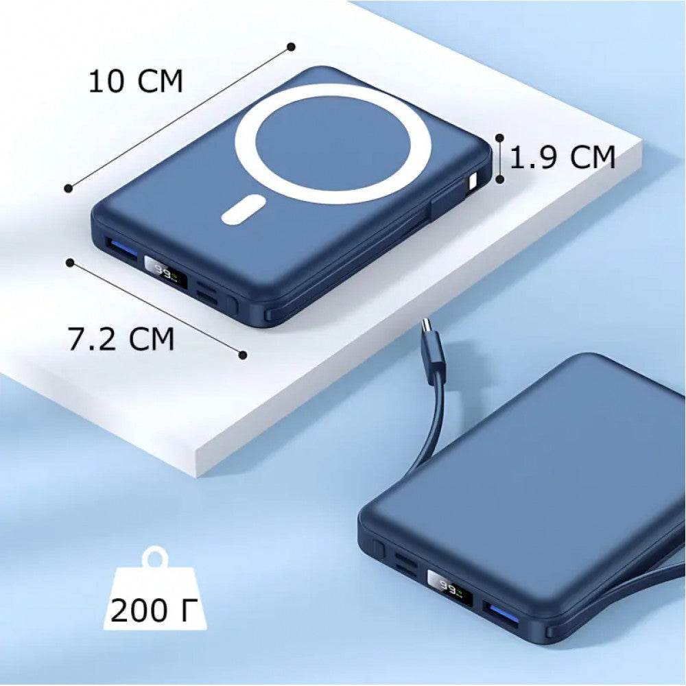 Power Bank 10000 mAh | Yiisonger KT-D011, 22.5W, MagSafe 18W, + 2 кабеля Type-C и IP, Синий