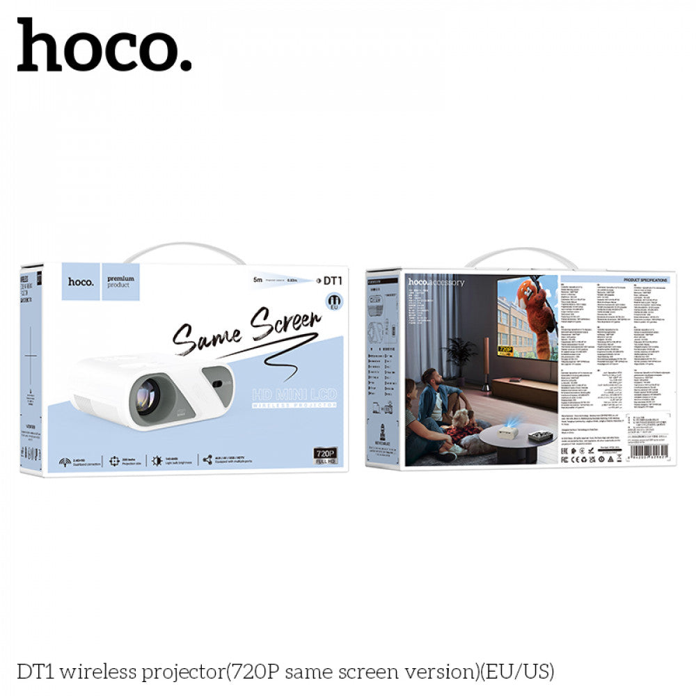 Беспроводной проектор Hoco DT1 720p с Wi-Fi 2.4G/5G, Bluetooth 5.0, HDMI/USB/AV, экран 20–200", 140 ANSI люмен