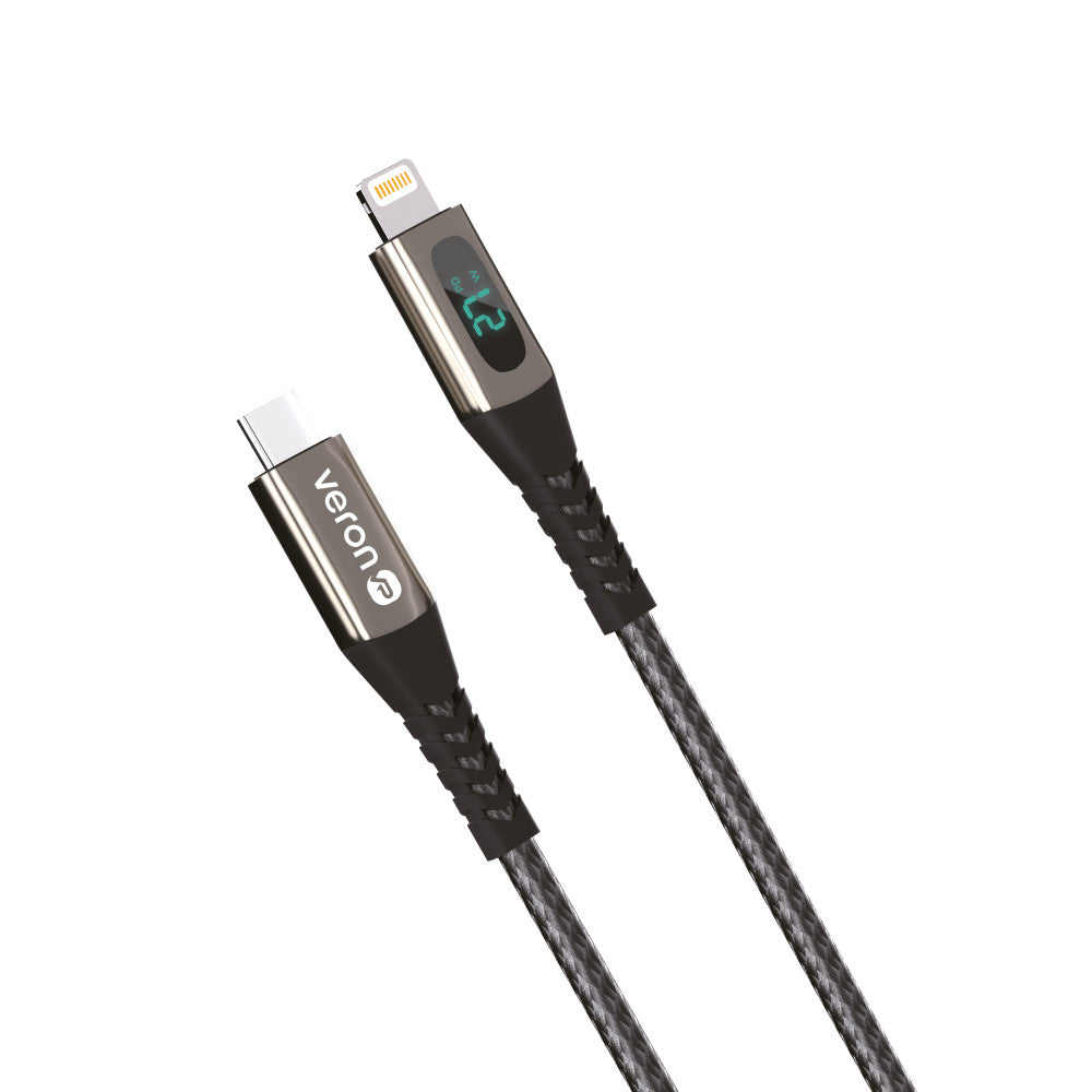 Cable USB C to Lightning 27W PD (1.2m) Veron CL02 Nylon LCD – Black