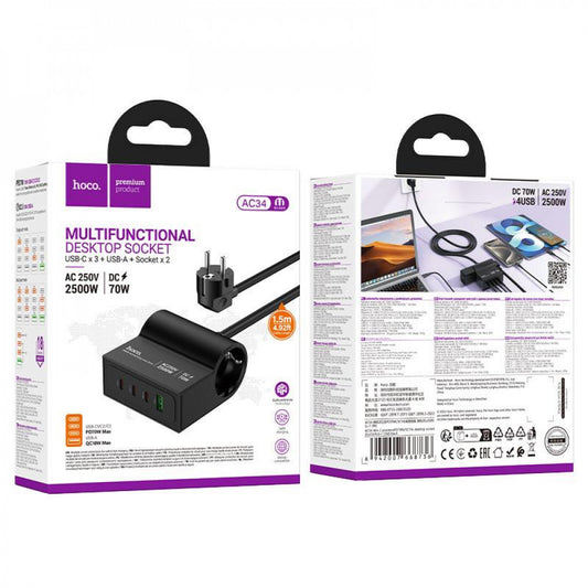 Мережевий фільтр 2500W 1U | 1P | 3C 70W | 1.5m — Hoco AC34