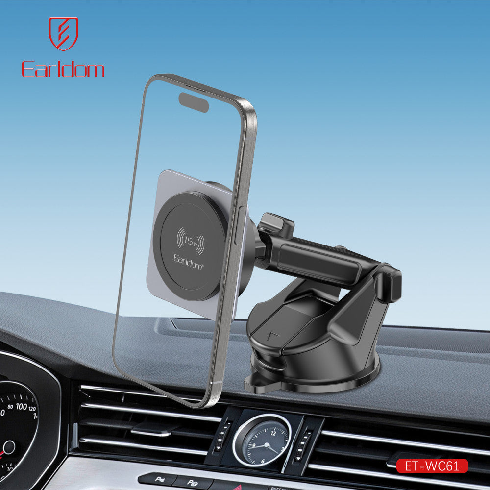 Автотримач магнітний на присосці з бездротовою зарядкою 15W Earldom ET-WC61