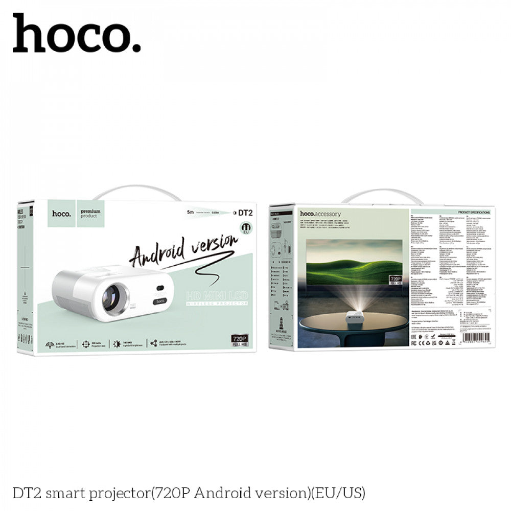 Беспроводной проектор Hoco DT2 (Android, 1280720р, Wi-Fi, Bluetooth 5.0, AV, USB, HDMI, AUX, YouTube, Netflix, Disney+, VLC)