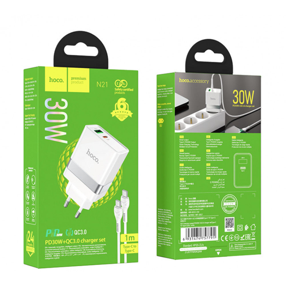 Home Charger 30W PD QC3.0 C to C Cable (1m) Hoco N21 – White