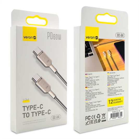 USB C to C Cable 60W PD (1m) Veron CC04 Nylon – Black