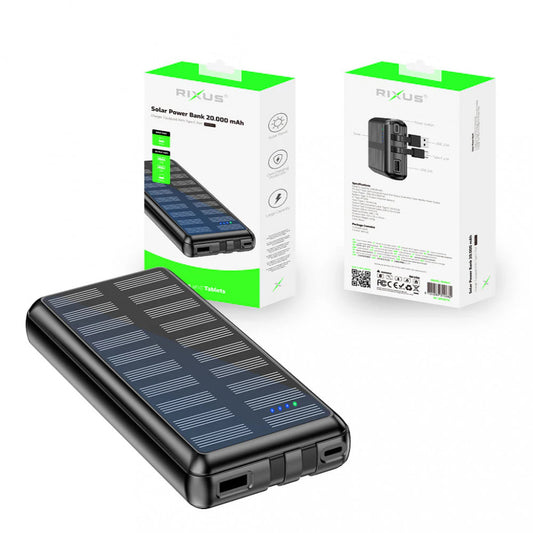 Power Bank 20000 mAh | 22.5W —Rixus RXPB47 Solar With Built-in Cables