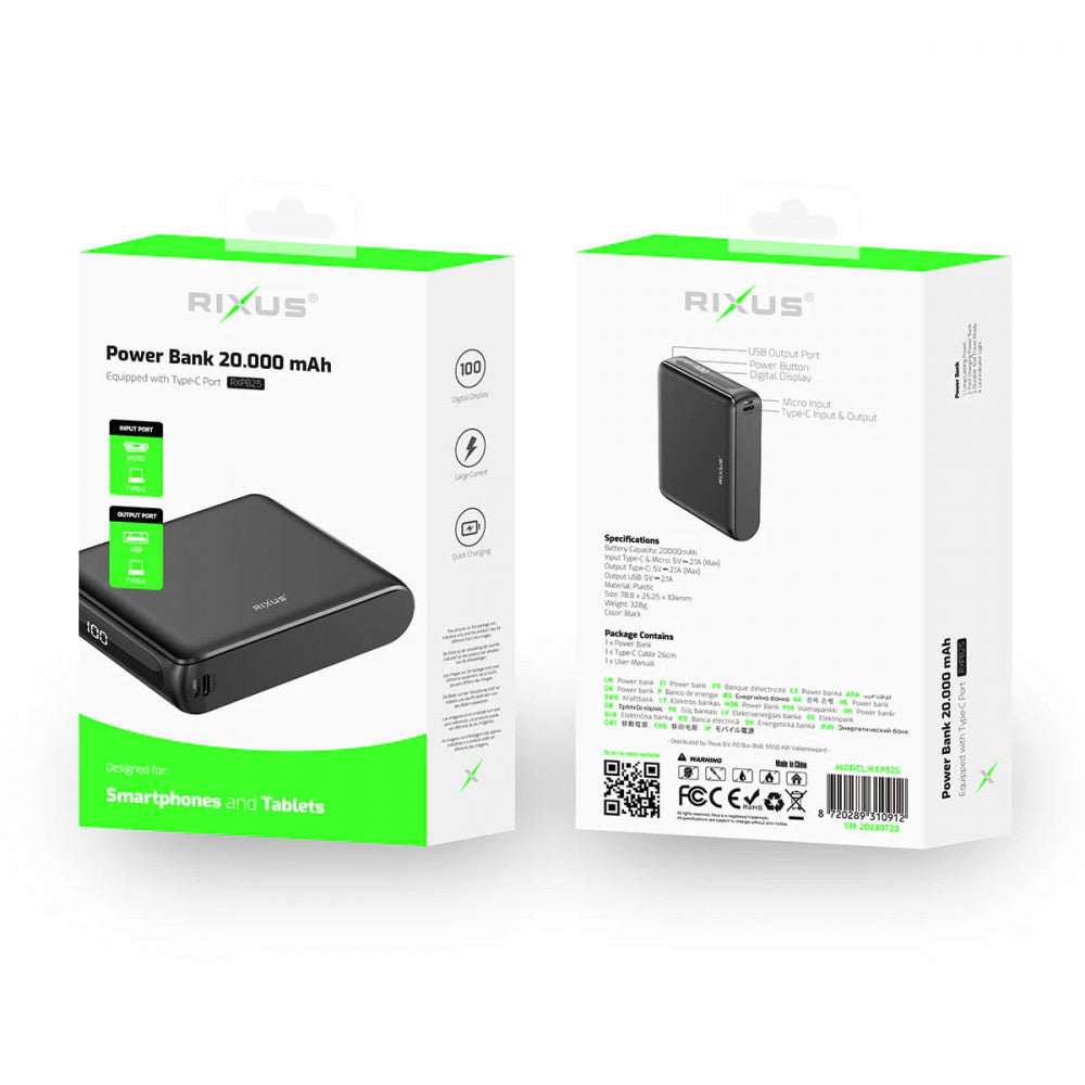 Power Bank 20000 mAh —Rixus RXPB25 Compact Digital Display