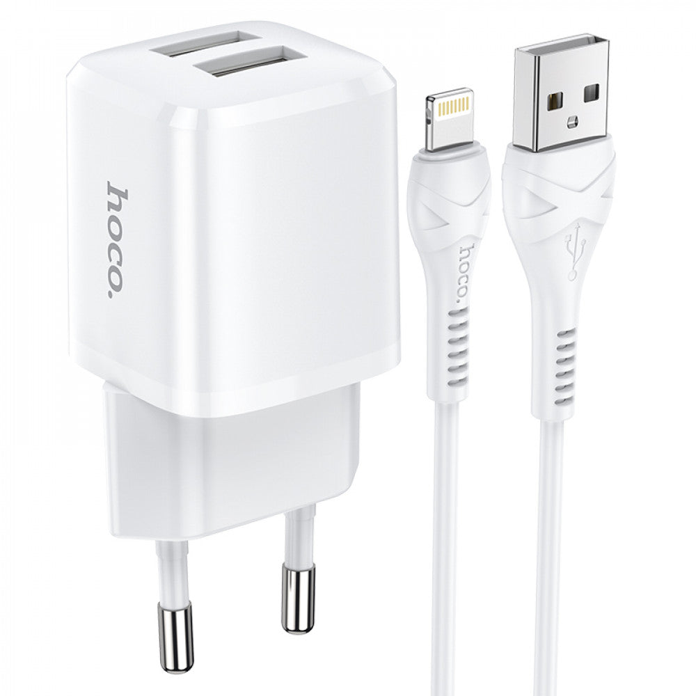 Home Charger 2.4A 2U Lightning Cable (1m) Hoco N8 – White