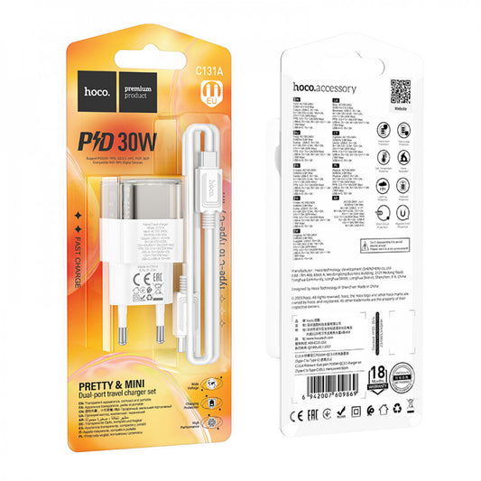 Home Charger 30W PD QC3.0 C to C Cable (1m) Hoco C131A – Transparent Black