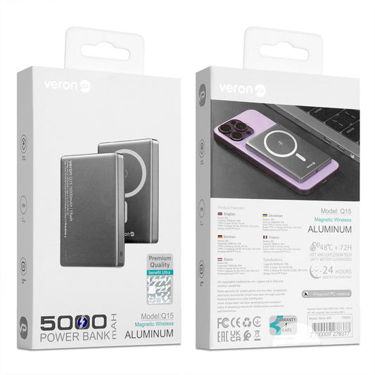 Power Bank 5000 mAh | 15W — Veron Q15 with Magsafe magnetic fast charging USB C