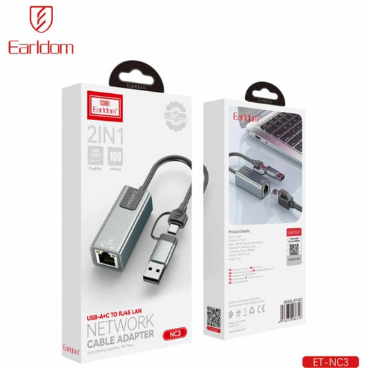 ЭН-адаптер Эрлдом ET-NC3, USB-C + USB-A → Р.Дж.45, 100 Мбит/с