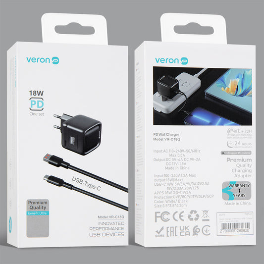Home Charger | 18W | 1U | USB C Cable (1m) – Veron VR-C18Q