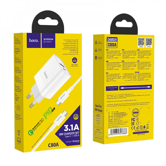Home Charger 20W PD QC3.0 C to C Cable (1m) Hoco C80A – White