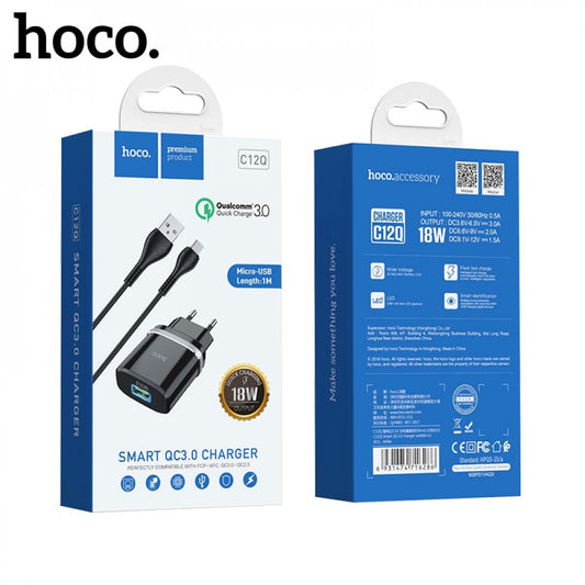 Home Charger | 18W | QC3.0 | Micro Cable (1m) – Hoco C12Q – Black