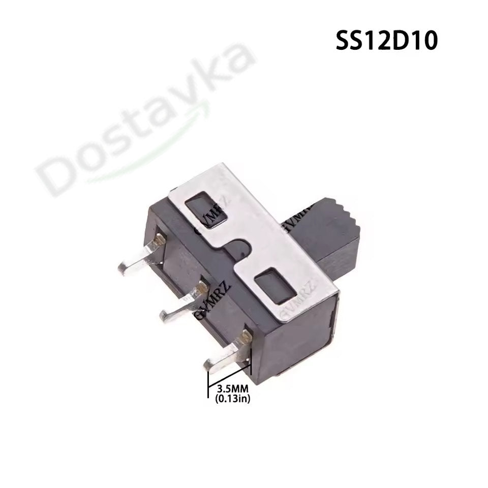 Тумблер-переключатель SS12D06 / SS12D10 (3A 250V, 3-контактные, прямые ножки, высота ручки 5 мм, шаг 4.7 мм)