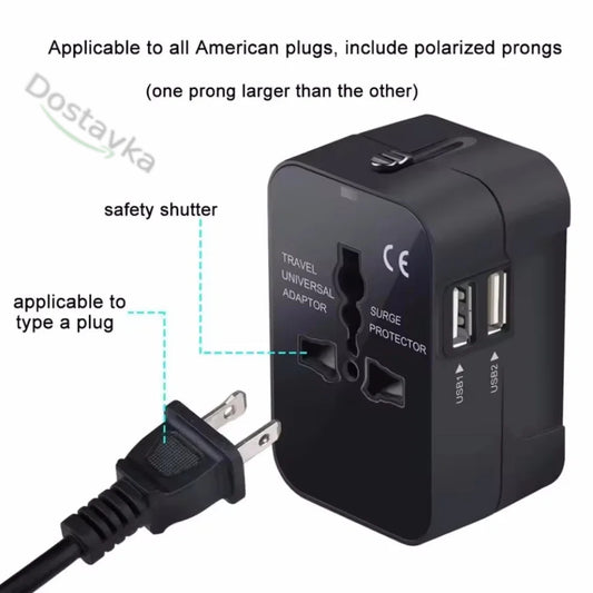 Universal Travel Adapter Plug with Dual USB + Type C Ports