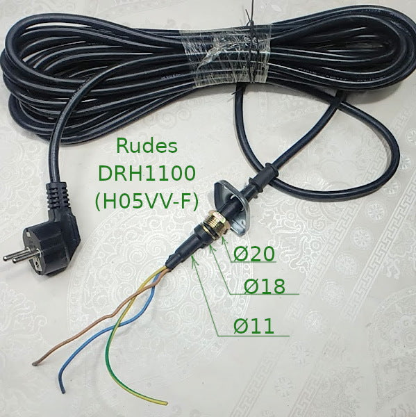 Rudes DRH1100 (H05VV-F) 3G1,0mm2 10m (+евровилка, муфта d17, шайба, гайка M20, планка) (B07)