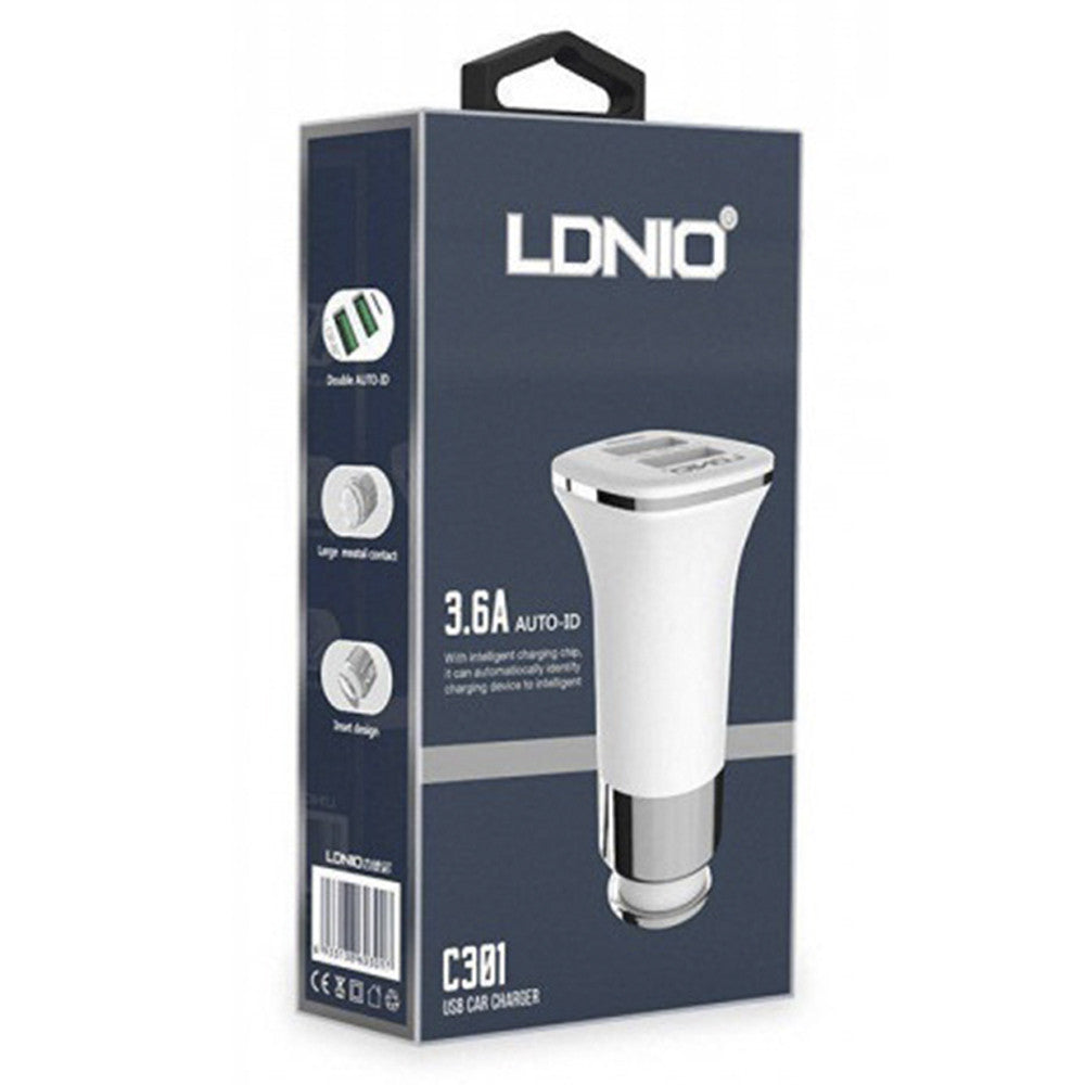 Car Charger | 3.6A | 2U | Lightning Cable (1m) – Ldnio DL-C301 Auto id White