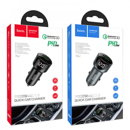 Car Charger | 20W | PD | QC3.0 | Digital Display - Hoco Z42 - Black