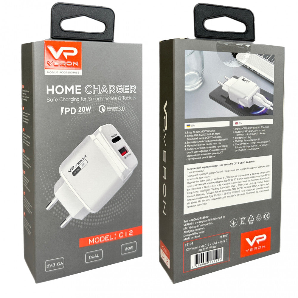 Home Charger | 20W | PD | QC3.0 – Veron VR-C12 – White