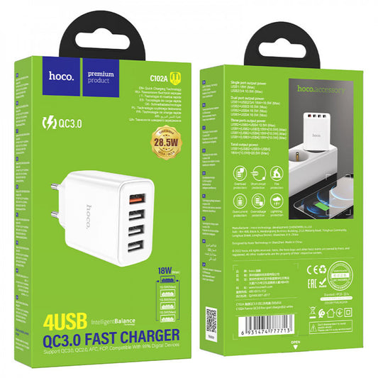 Home Charger | 28.5W | 4U | QC3.0 – Hoco C102A – White