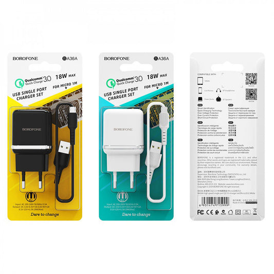 Home Charger | 18W | QC3.0 | Micro Cable (1m) – Borofone BA36A – White