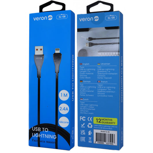 Lightning cable 2.4A (1m) Veron SL08 Silicon - Black