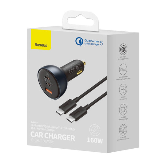 Car Charger | 160W | 1U | 2C | C to C Cable (1m) - Baseus (TZCCZM-0G) Qualcomm® Quick Charge™ 5 Technology Fast Charge Gray - TZCCZM-0G Gray