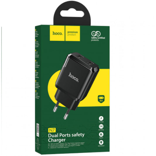 Home Charger | 2.1A | 2U | USB C Cable (1m) – Hoco N7 – Black