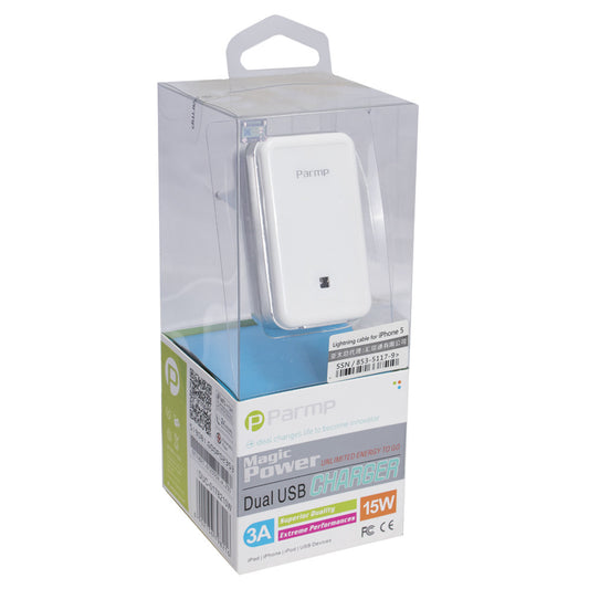 Home Charger | 3.0A | 2U | Lightning Cable (1m) - Parmp (DUC-0178210W) White