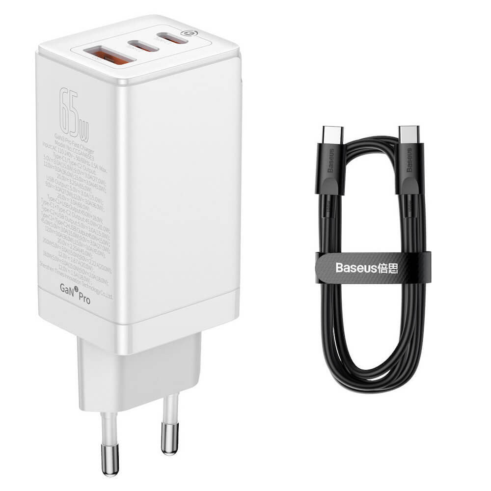Home Charger | 65W | GaN3 | 1U | 2C | C to C Cable (1m) – Baseus (CCGP0501) Pro Fast Charger – CCGP050102 White