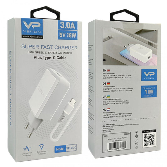 Home Charger | 18W | 1U | USB C Cable (1m) – Veron VR-C13Q – White