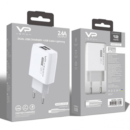 Home Charger | 2.4A | 2U | USB C Cable (1m) – Veron AC62C