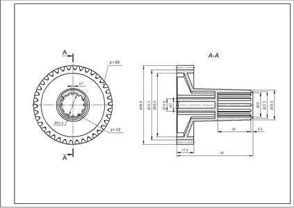 Шестерня велика для м&aposясорубки Zelmer \ Bosch 00793638 D=30,5 (25 внутрішній)/81mm, H=61/17 (78)mm, Z=12 внутрішні/38 косі