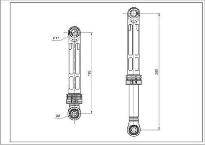 Амортизатор бака для пральної машини Gorenje 341221 100N L=185-260mm D отворів=8/11mm