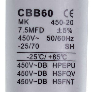 Start capacitor CBB60 for washing machine 7.5uF 450V