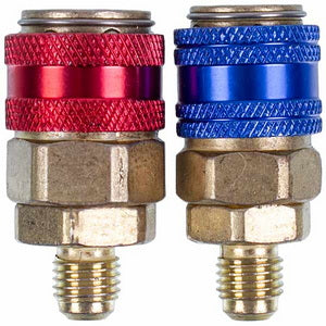 A set of QC 12 (low + high pressure) refueling couplings for auto air conditioners are quick-detachable