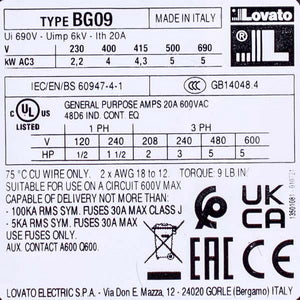 Контактор (магнітний пускач) LOVATO 380705 BG0910A 20A/230V AC 9A/4kW/400V AC3