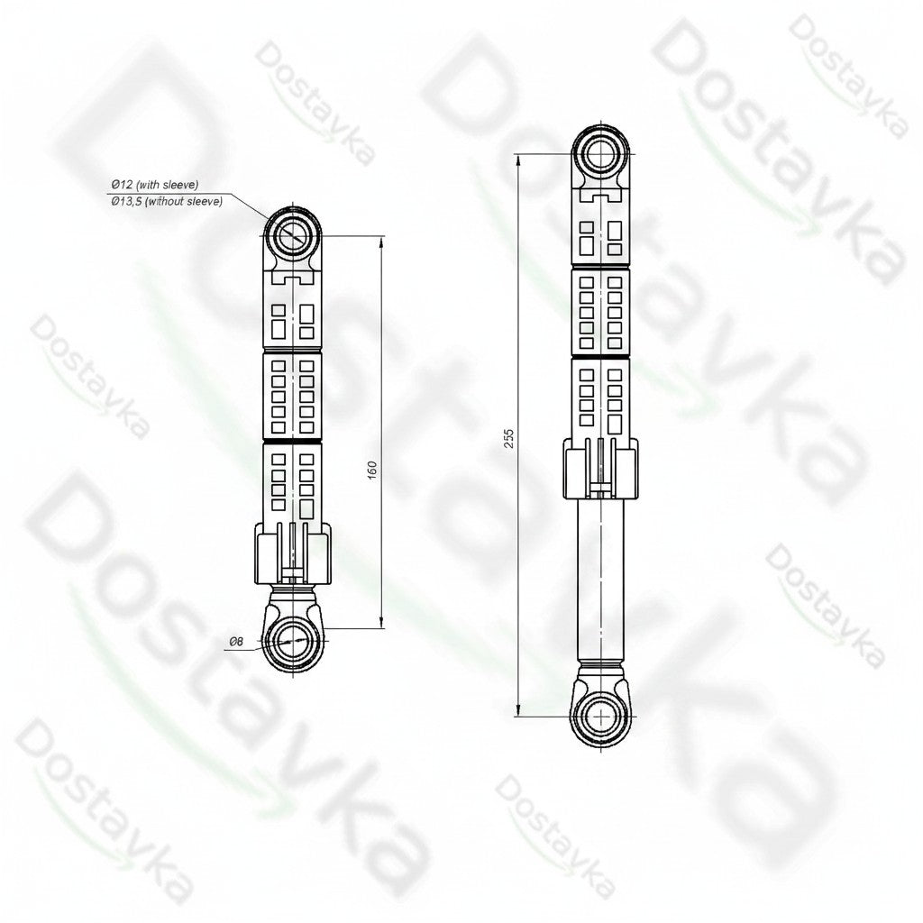 Амортизатор бака для стиральной машины Bosch ANSA 00448032 (с дюбелем) 90N Длина=160-255 мм Диаметр отверстия=8/12(13) мм