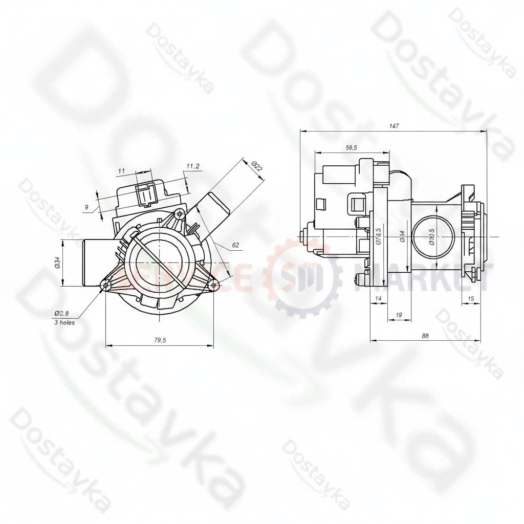 Beko Washing Machine Drain Pump Assembly (2880401800, 34W, B15-6AZ)