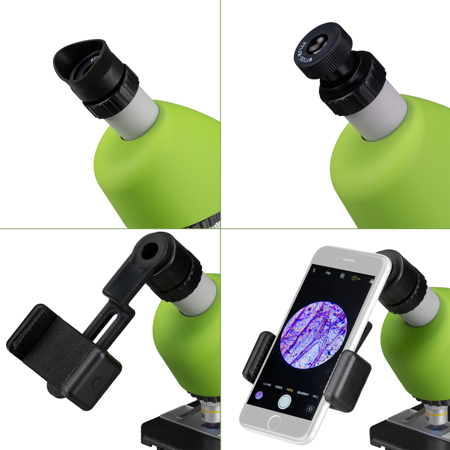 Microscope Bresser Junior 40x-640x Green with follow-up kit and adapter for smartphone (8851300B4K000)