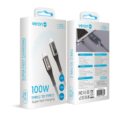 USB C to C cable 100W PD (1.2m) Veron CC02 Nylon LCD – Black