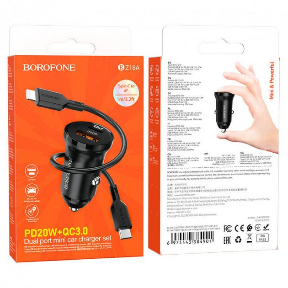 Car Charger 20W PD QC3.0 C to Lightning Cable (1m) Borofone BZ18A – Black
