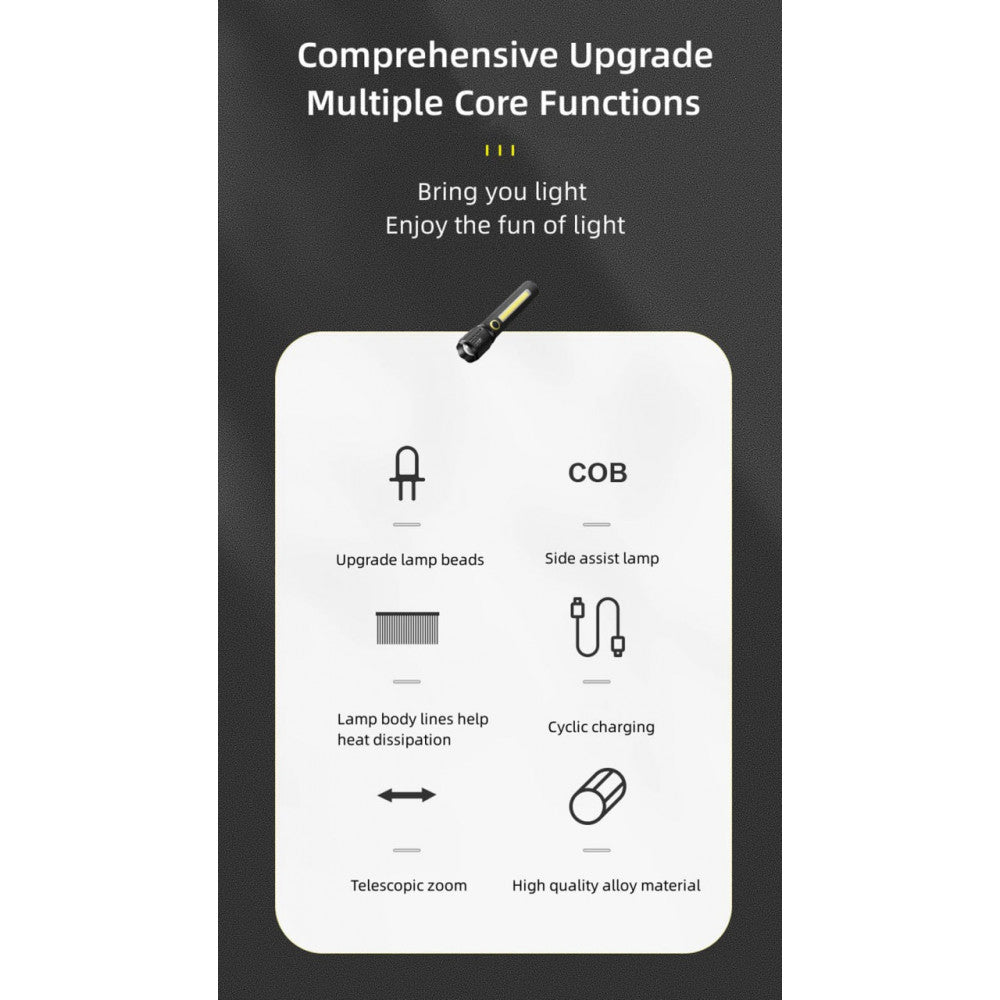 Rechargeable LED flashlight C73 with side diode three modes of operation, main light, side LED light and strobe