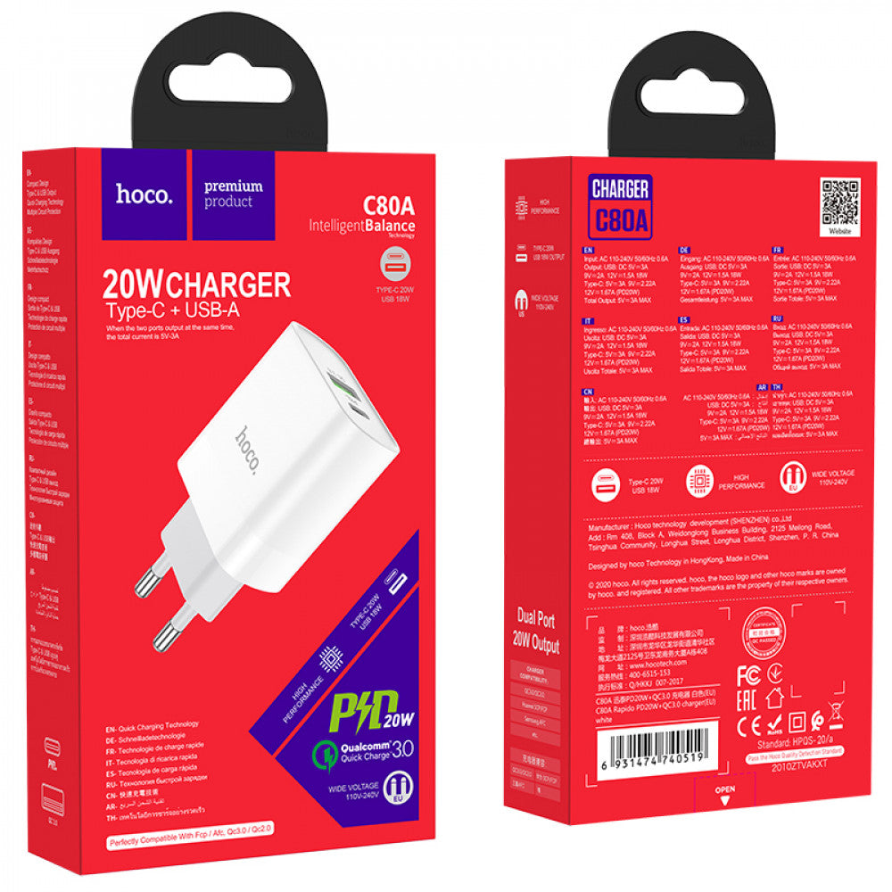 Home Charger 20W PD QC3.0 Hoco C80A – White
