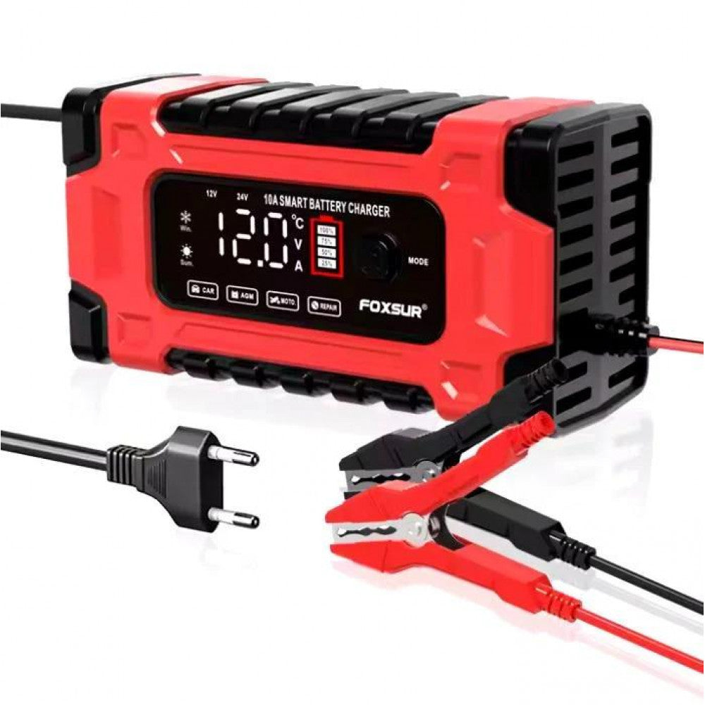 Зарядний пристрій Foxsur FBC122410E для автомобільного акумулятора 12V-24V 10A імпульсний
