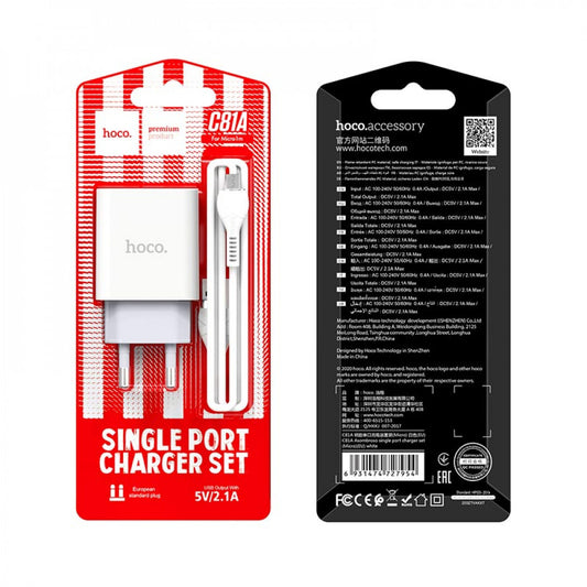 Home Charger 2.1A 1U Micro Cable (1m) Hoco C81A – White