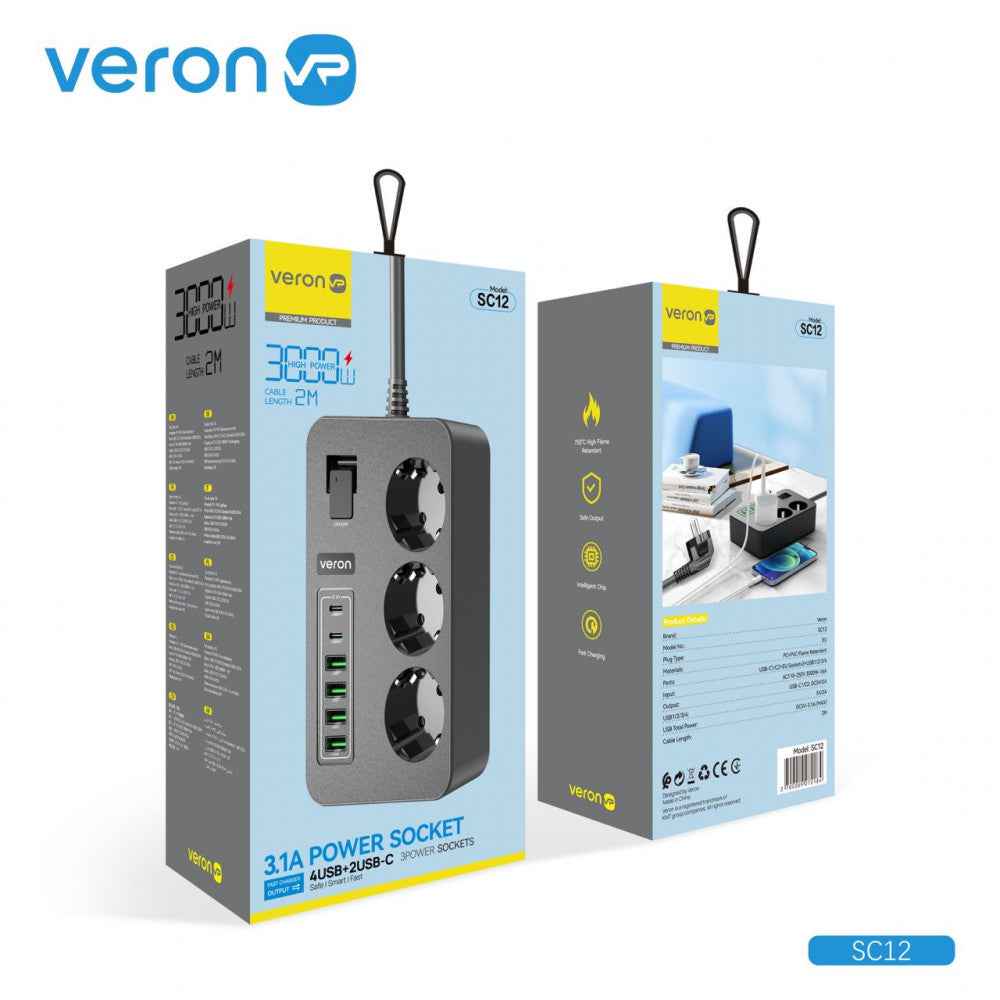 Life filter 4USB | 2USB-C | 3P | 3.1A | 2m - Veron SC12